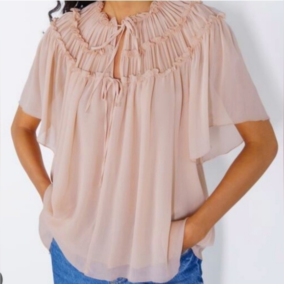 ZARA ruffle blouse large blush short sleeved top Sz Small blushpink - Picture 2 of 14